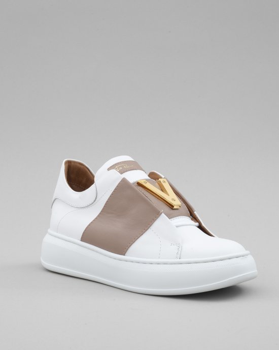 Sneakers 4045 donna VIA ROMA 15, in pelle bianca con fascia in pelle SAND logo oro Bianco-Beige