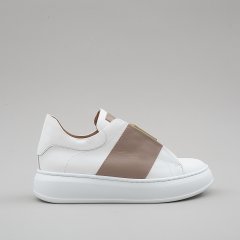 Sneakers 4045 donna VIA ROMA 15, in pelle bianca con fascia in pelle SAND logo oro Bianco-Beige