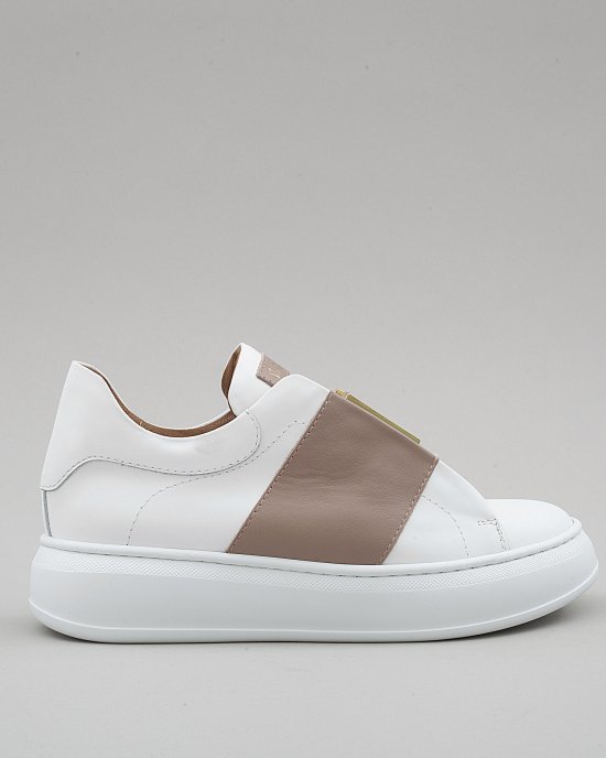 Sneakers 4045 donna VIA ROMA 15, in pelle bianca con fascia in pelle SAND logo oro Bianco-Beige