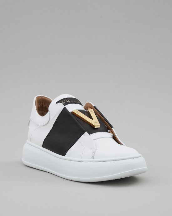 Sneakers 4045 donna VIA ROMA 15, in pelle bianca con fascia in pelle NERA Bianco-Nero