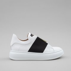 Sneakers 4045 donna VIA ROMA 15, in pelle bianca con fascia in pelle NERA Bianco-Nero