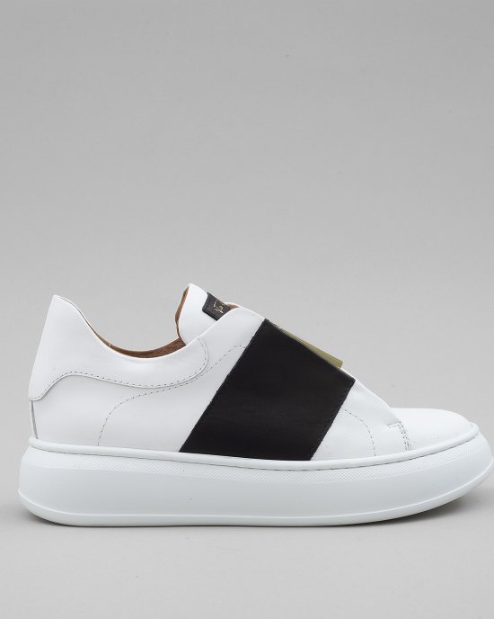 Sneakers 4045 donna VIA ROMA 15, in pelle bianca con fascia in pelle NERA Bianco-Nero